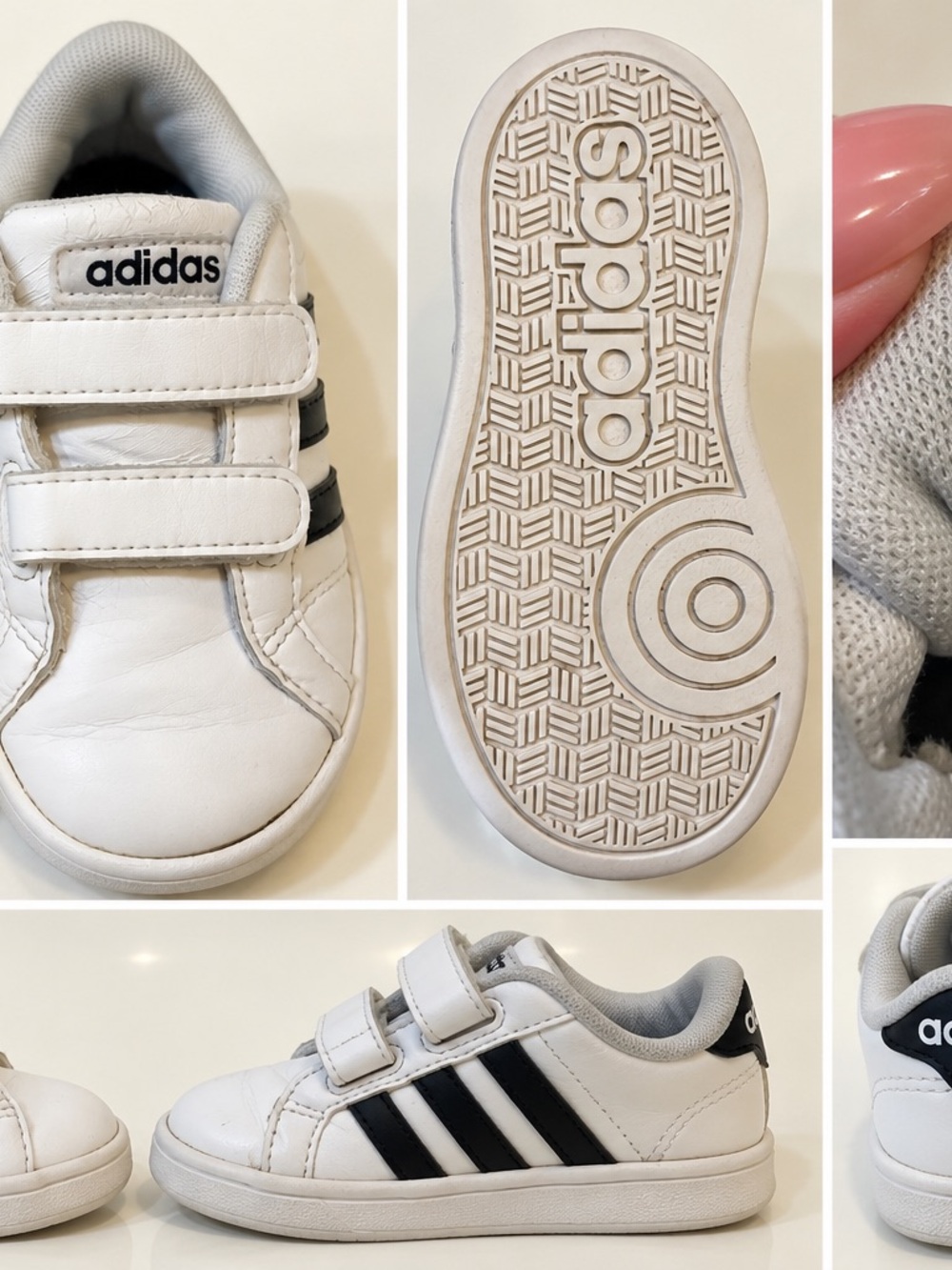 adidas Kids White Sneakers with Black Stripes and Velcro